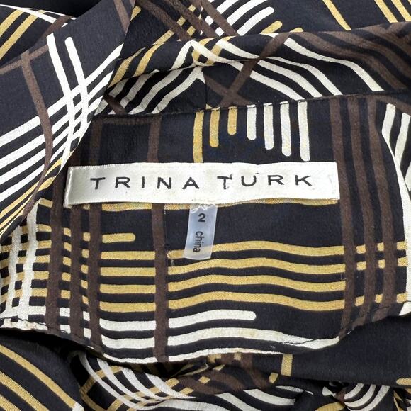 Trina Turk Women's Dame Abstract Plaid 100% Silk Tie Blouse Size 2 Black - Picture 3 of 12